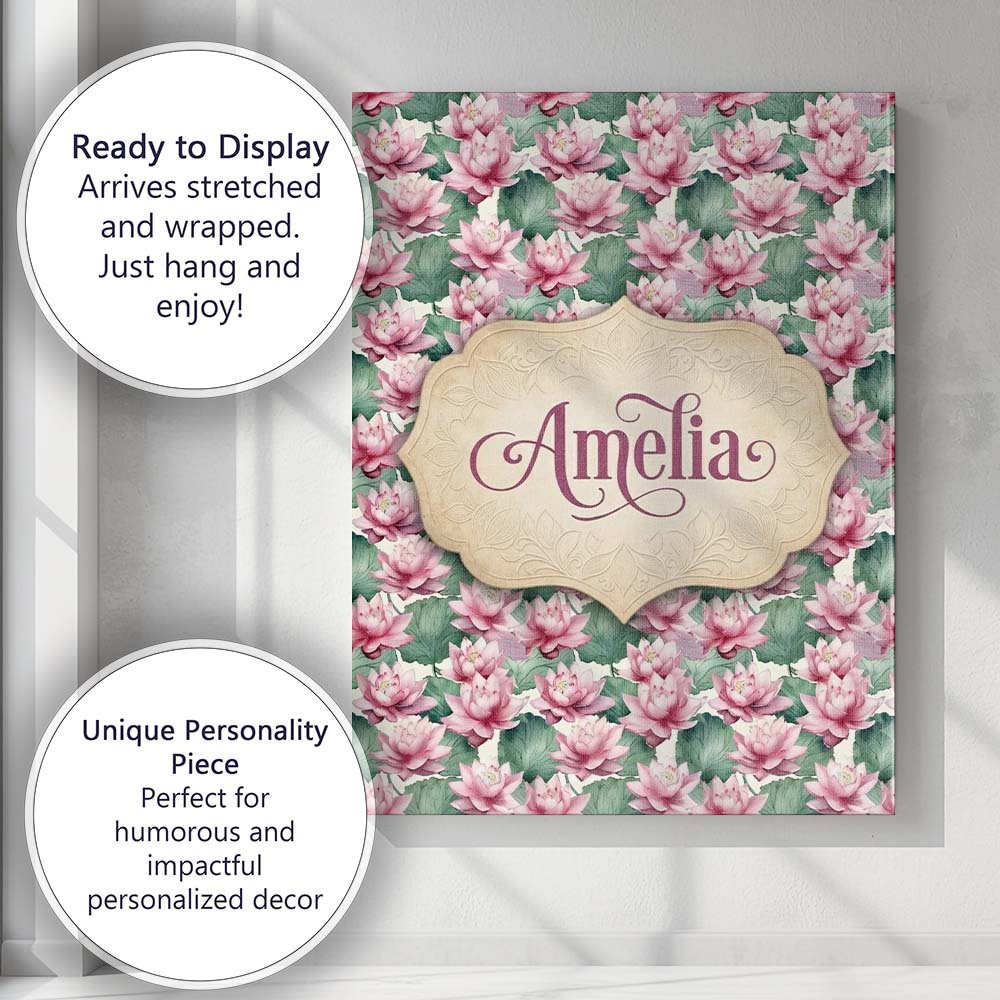 Personalised Name Pink Lotus Flower Botanical Custom Unique Gift Idea Modern Room Accent Canvas Wall Art Print Decor Picture Ready to Hang