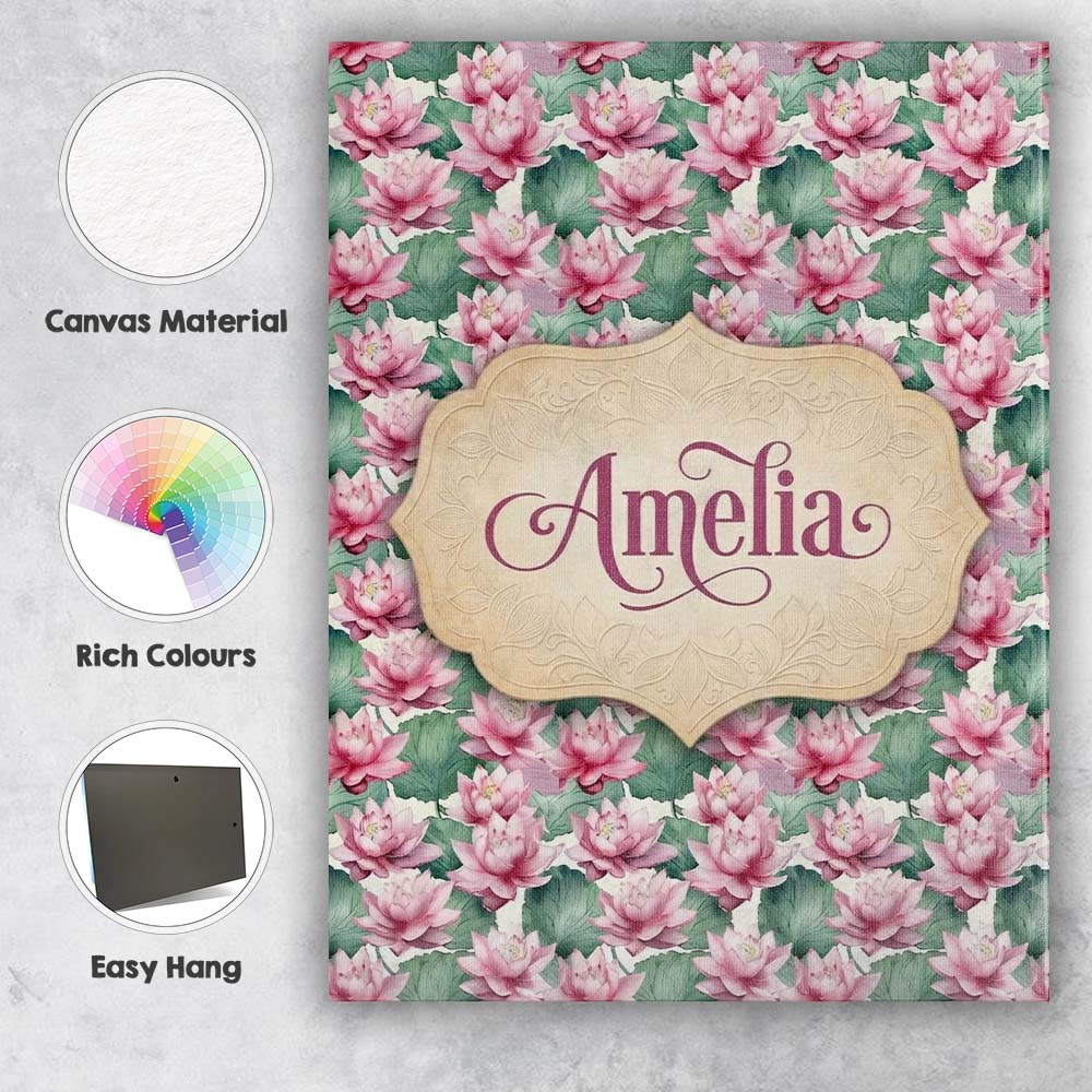 Personalised Name Pink Lotus Flower Botanical Custom Unique Gift Idea Modern Room Accent Canvas Wall Art Print Decor Picture Ready to Hang