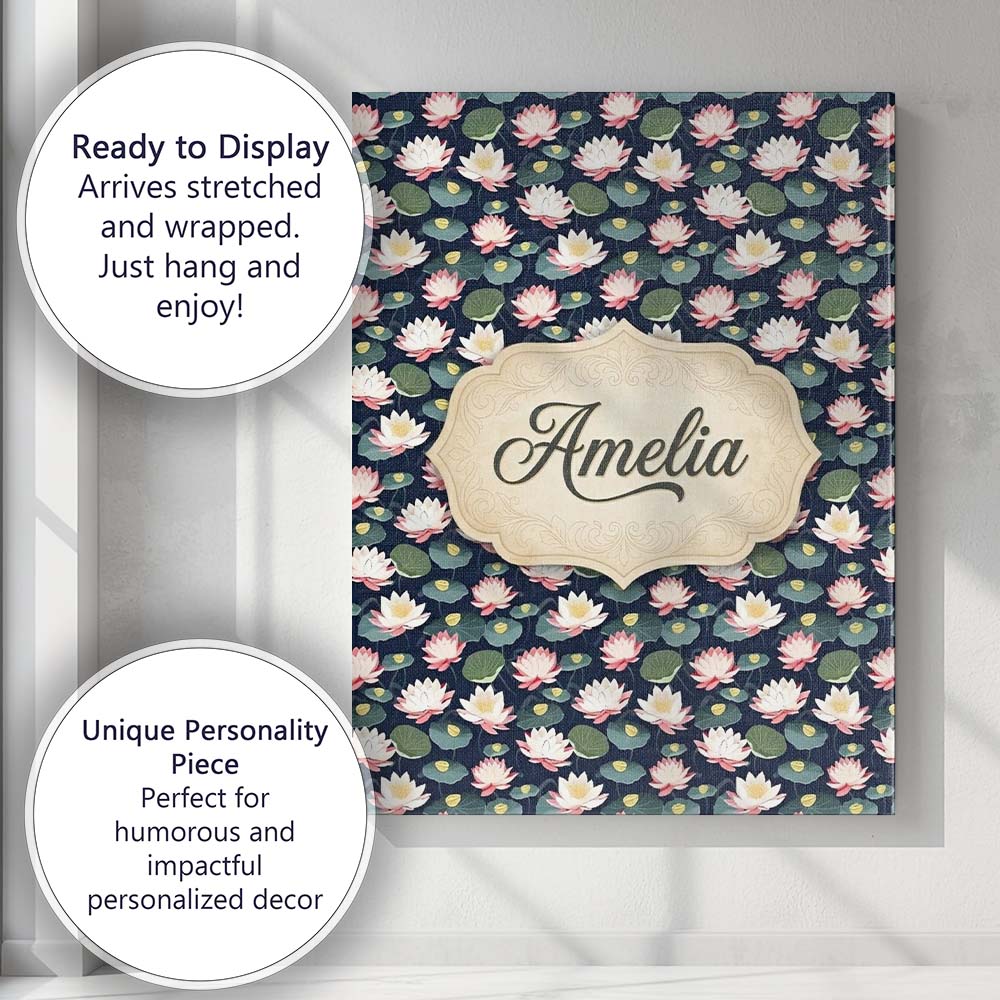 Personalised Name Elegant Lotus Pond Floral Custom Bespoke Interior Contemporary Canvas Wall Art Print Decor Picture Ready to Hang