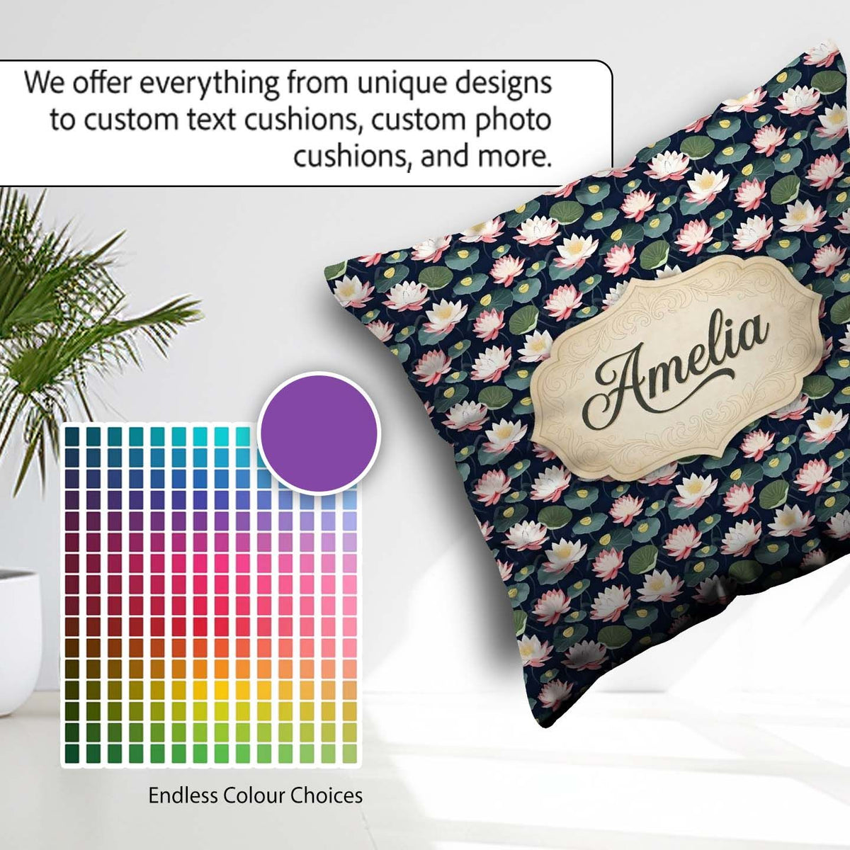 Custom Name Elegant Lotus Pond Floral Dark Seamless Pattern Name Square Filled Cushion Throw Pillow Sofa Bed Home Decor Zip Washable UK Made