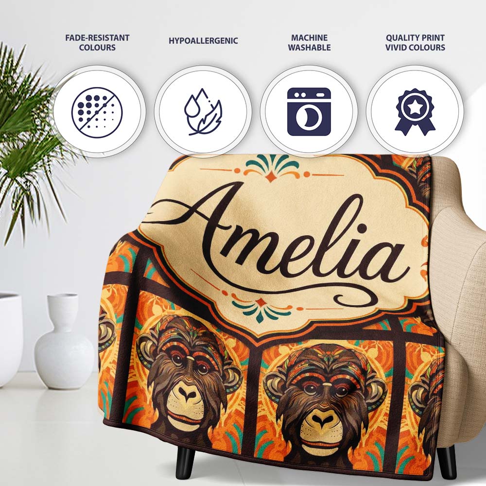 Colorful Tribal Monkey Face Abstract Art Seamless Pattern Custom Personalised Custom Name Super Soft Fleece Blanket Bed Sofa Throw