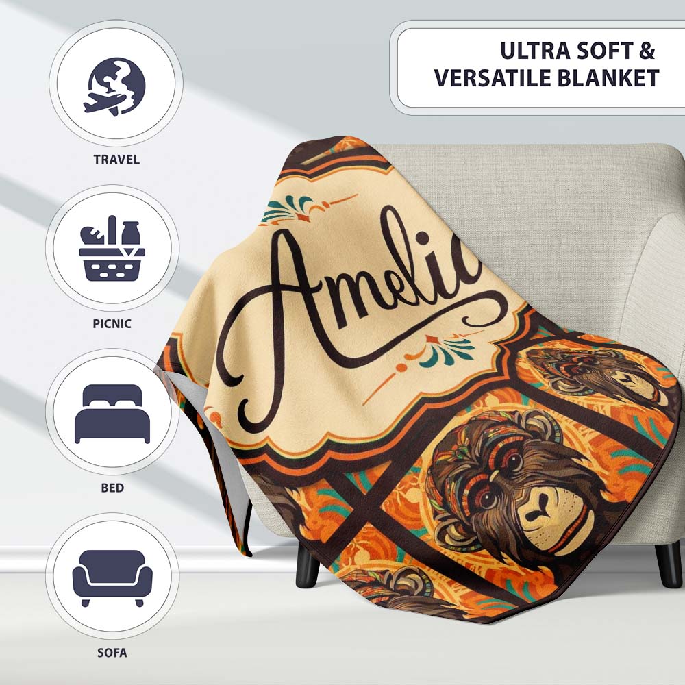 Colorful Tribal Monkey Face Abstract Art Seamless Pattern Custom Personalised Custom Name Super Soft Fleece Blanket Bed Sofa Throw