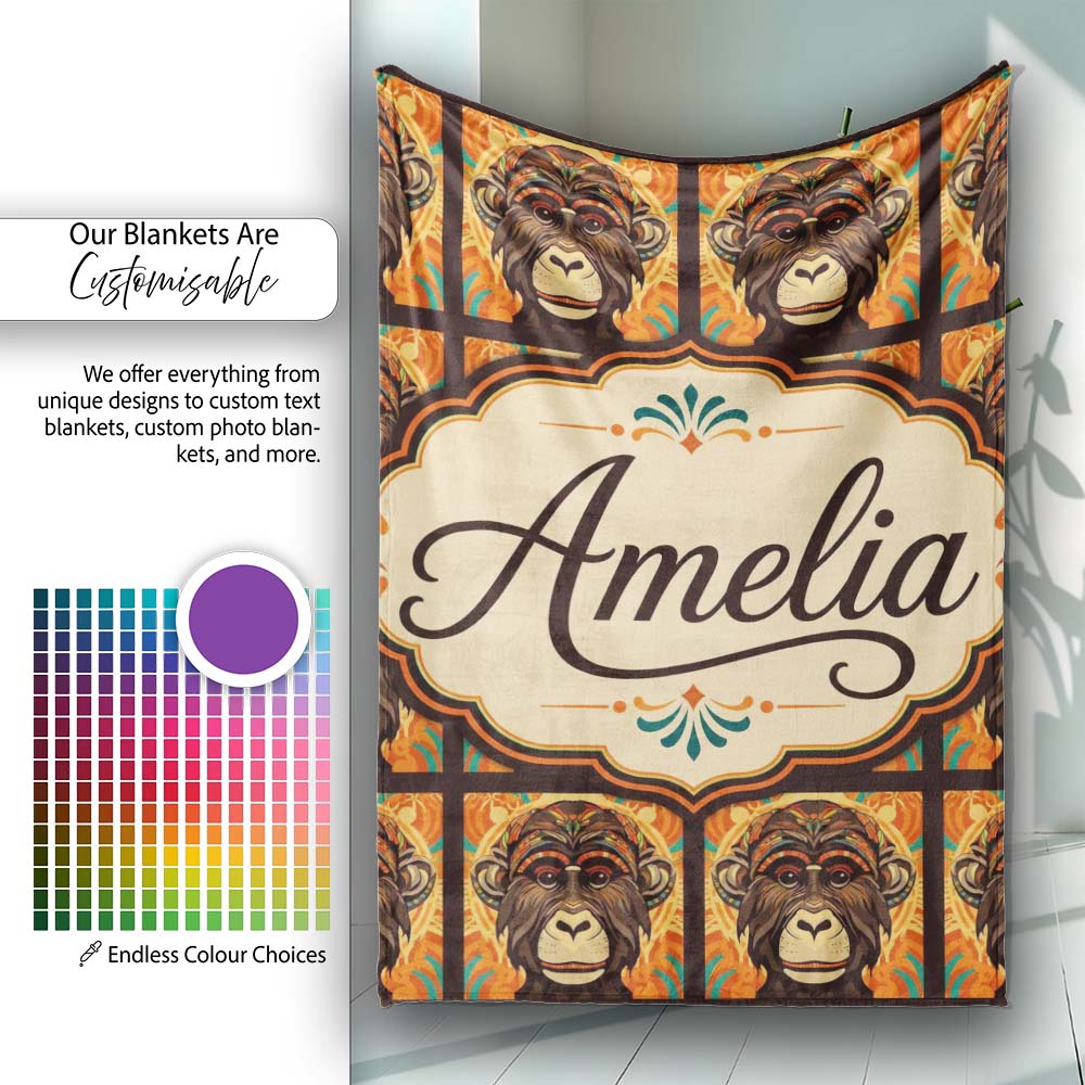 Colorful Tribal Monkey Face Abstract Art Seamless Pattern Custom Personalised Custom Name Super Soft Fleece Blanket Bed Sofa Throw