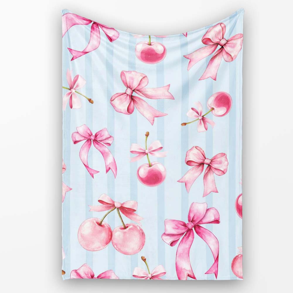 Watercolor Pink Cherry Ribbon Bow Blue Vertical Stripe Background Personalised Custom Name Super Soft Fleece Blanket Bed Sofa Throw