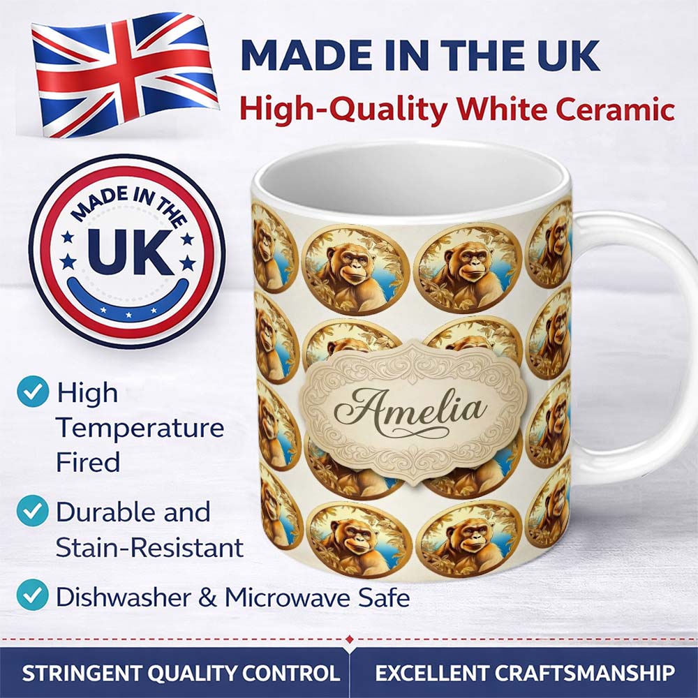 Personalized Custom Name Golden Monkey Portrait Ornamental Medallion Seamless Pattern Name 11oz Ceramic Coffee Tea Mug White Large Handle