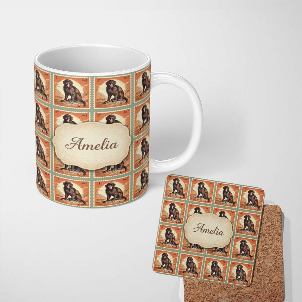 Personalized Custom Name Vintage Monkey Postage Stamp Illustration Seamless Pattern Name Cute 11oz Ceramic Coffee Tea Mug White Large Handle