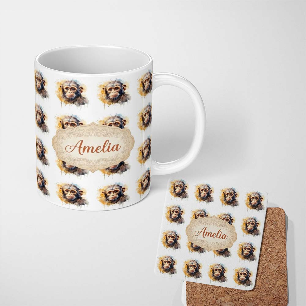 Personalized Custom Name Watercolor Baby Monkey Cute Animal Splash Seamless Pattern Name 11oz Ceramic Coffee Tea Mug White Large Handle
