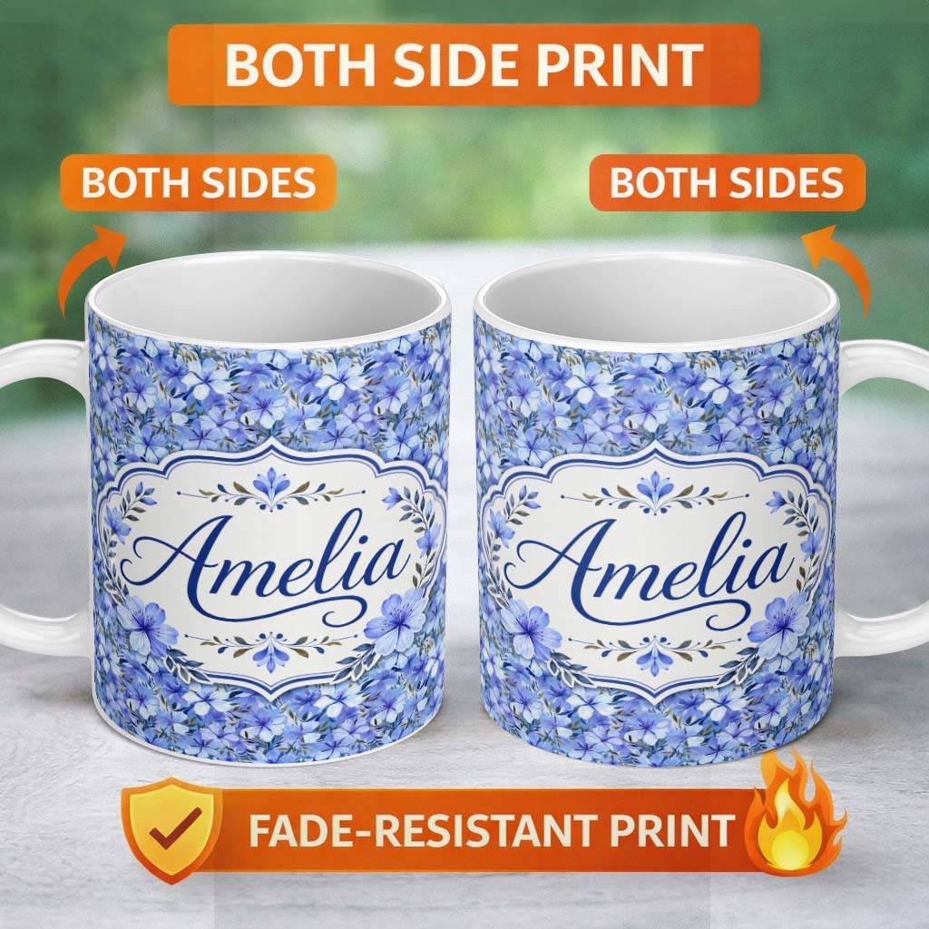 Personalized Custom Name Blue Floral Blossom Botanical Garden Seamless Pattern Name Cute 11oz Ceramic Coffee Tea Mug White Large Handle