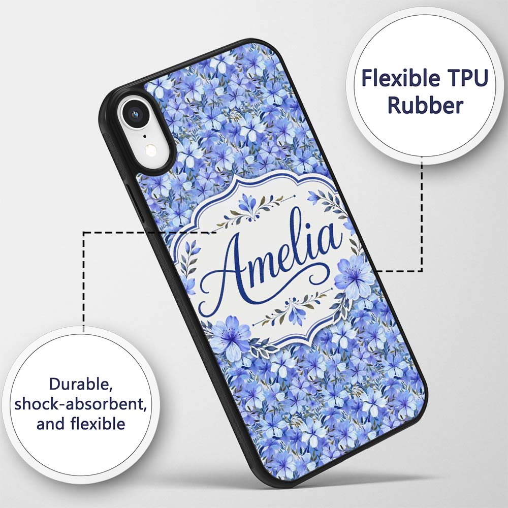 Blue Floral Blossom Botanical Garden Seamless Custom Name Protective Phone Case Mobile Cover Durable Everyday Smartphone Shock Resistant