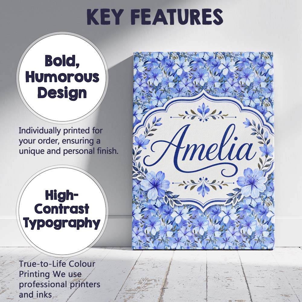 Personalised Name Blue Floral Blossom Custom Modern Room Accent Creative Decorator Style Canvas Wall Art Print Decor Picture Ready to Hang