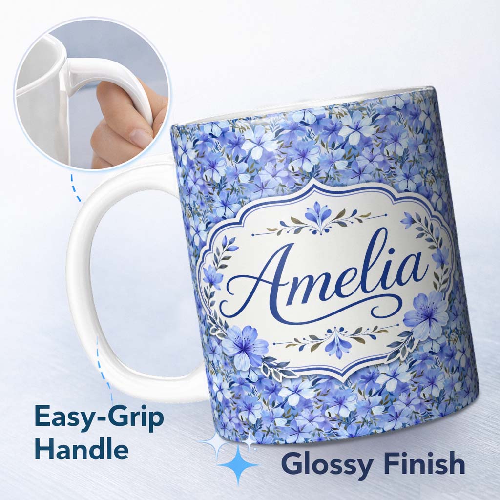 Personalized Custom Name Blue Floral Blossom Botanical Garden Seamless Pattern Name Cute 11oz Ceramic Coffee Tea Mug White Large Handle