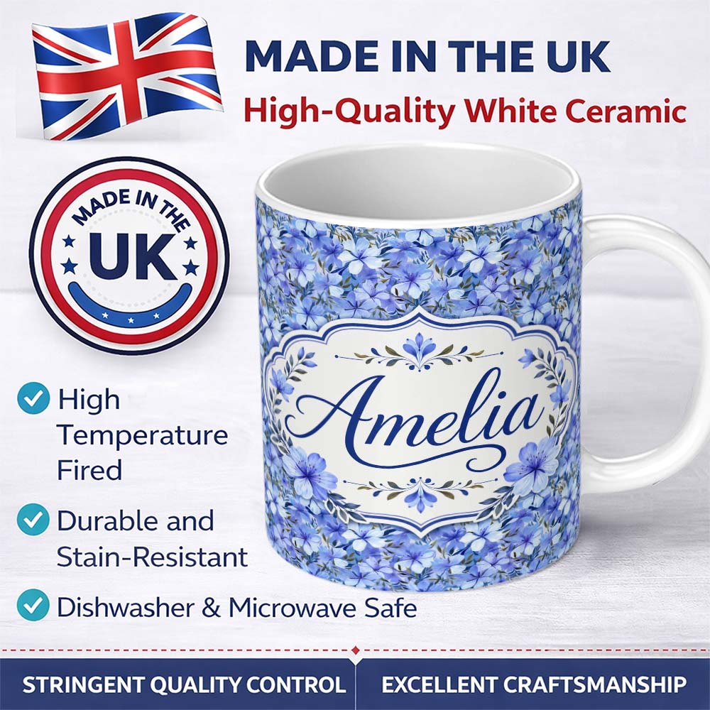 Personalized Custom Name Blue Floral Blossom Botanical Garden Seamless Pattern Name Cute 11oz Ceramic Coffee Tea Mug White Large Handle
