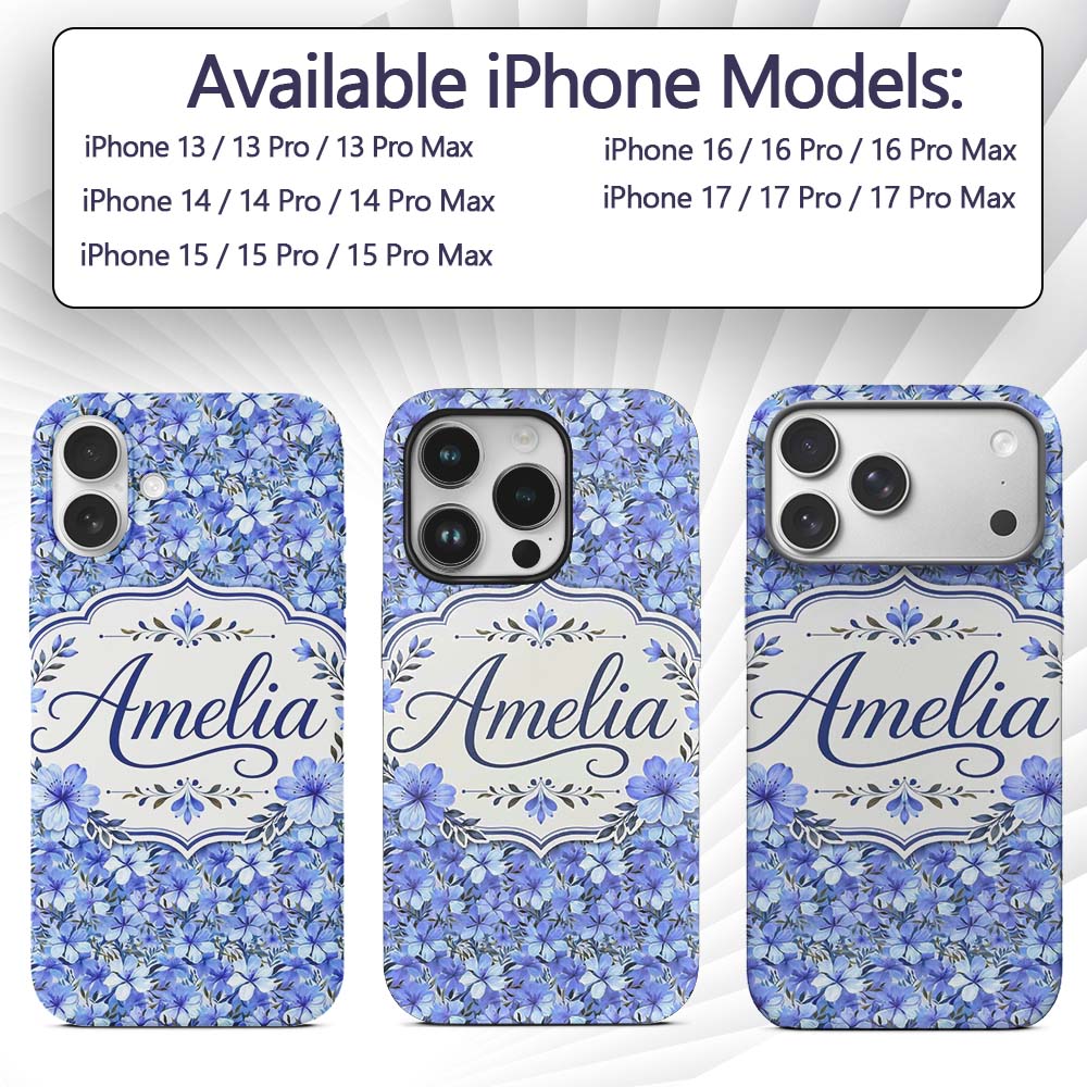 Blue Floral Blossom Botanical Garden Seamless Custom Name Protective Phone Case Mobile Cover Durable Everyday Smartphone Shock Resistant