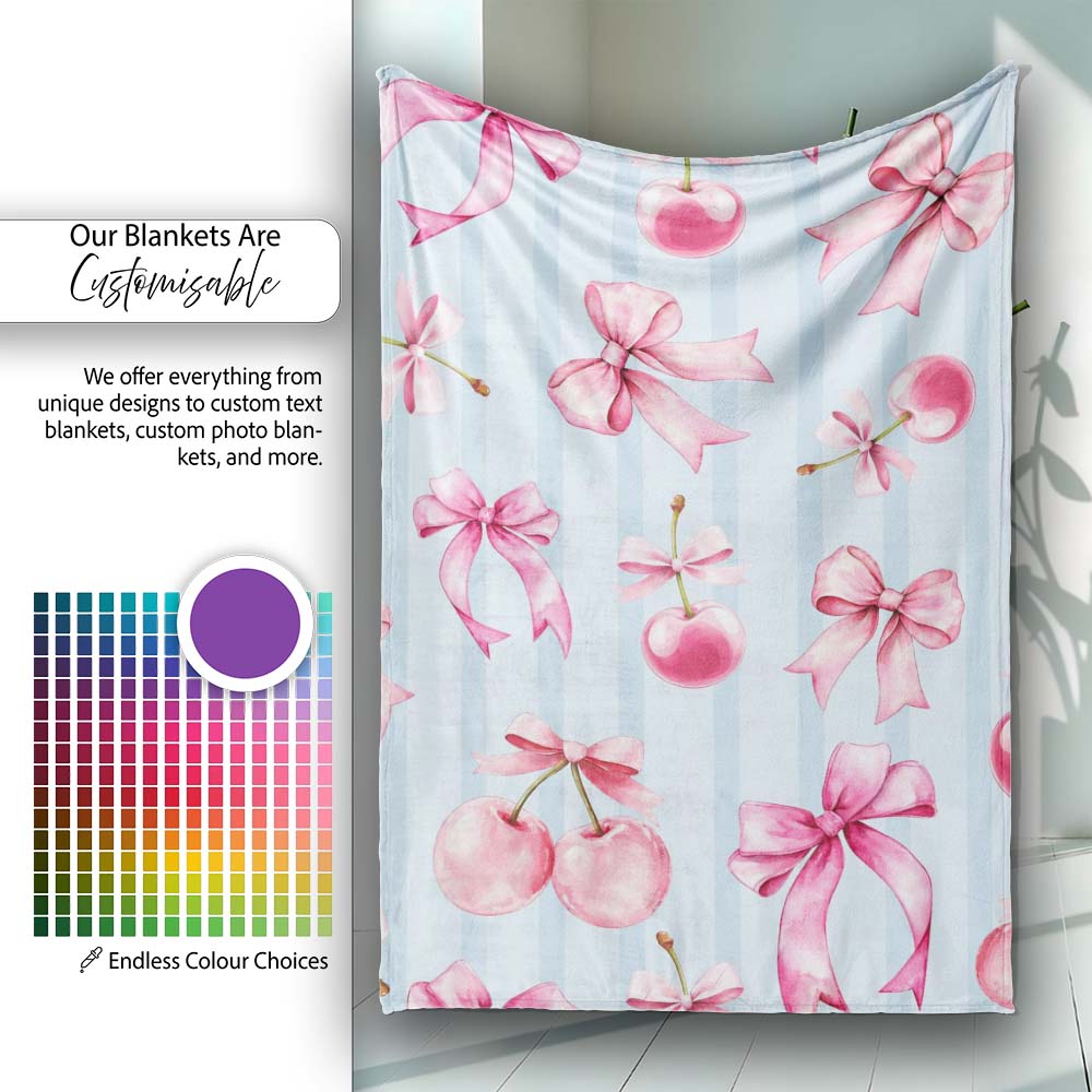 Watercolor Pink Cherry Ribbon Bow Blue Vertical Stripe Background Personalised Custom Name Super Soft Fleece Blanket Bed Sofa Throw
