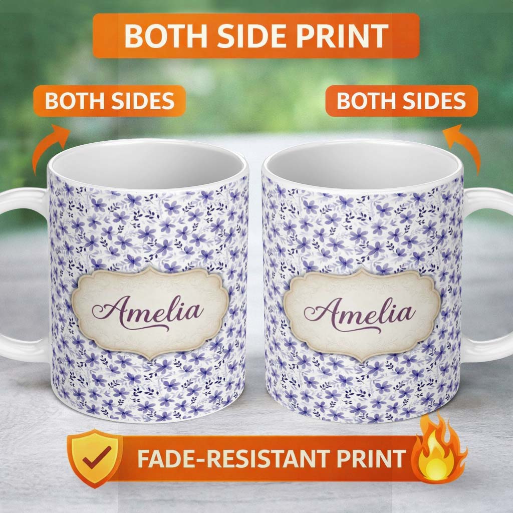 Personalized Custom Name Purple Ditsy Floral Leaf Soft Pastel Seamless Pattern Name Cute 11oz Ceramic Coffee Tea Mug White Large Handle