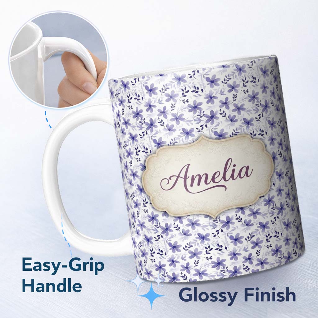 Personalized Custom Name Purple Ditsy Floral Leaf Soft Pastel Seamless Pattern Name Cute 11oz Ceramic Coffee Tea Mug White Large Handle