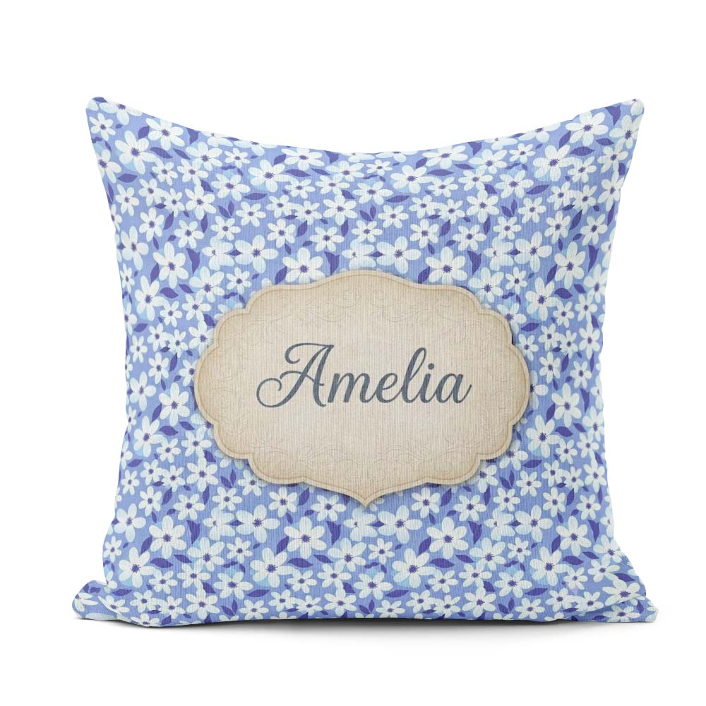 Custom Name Blue White Daisy Floral Pattern Botanical Background Square Filled Cushion Throw Pillow Sofa Bed Home Decor Zip Washable UK Made
