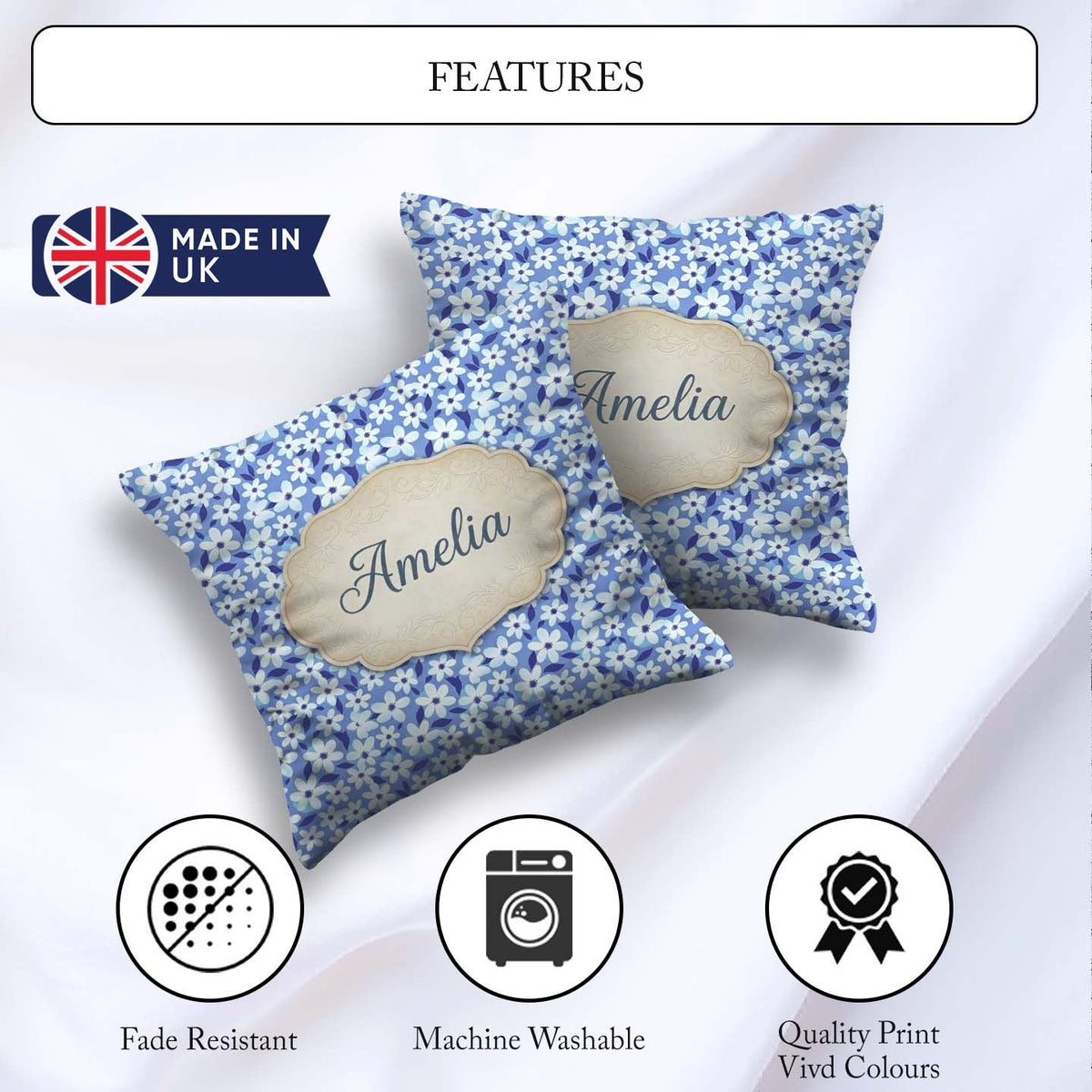 Custom Name Blue White Daisy Floral Pattern Botanical Background Square Filled Cushion Throw Pillow Sofa Bed Home Decor Zip Washable UK Made