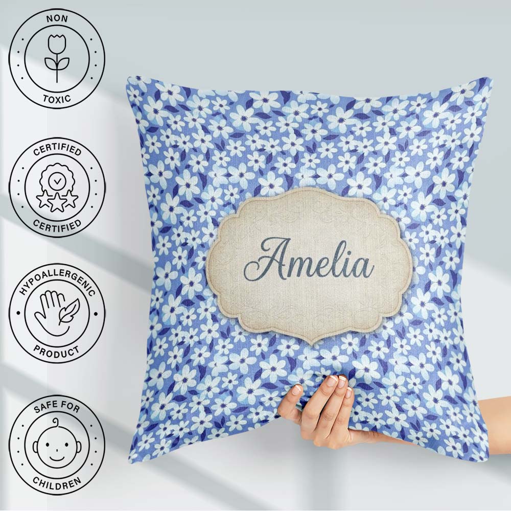 Custom Name Blue White Daisy Floral Pattern Botanical Background Square Filled Cushion Throw Pillow Sofa Bed Home Decor Zip Washable UK Made