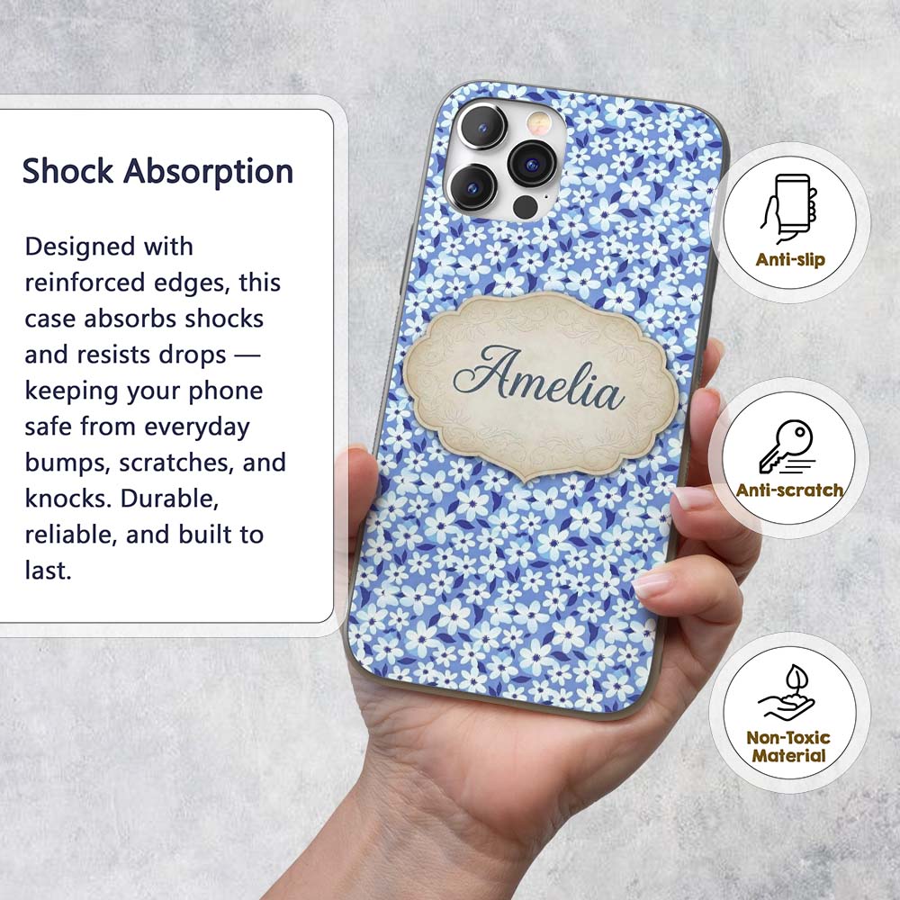 Blue White Daisy Floral Seamless Pattern Soft Custom Name Protective Phone Case Mobile Cover Durable Everyday Smartphone Shock Resistant