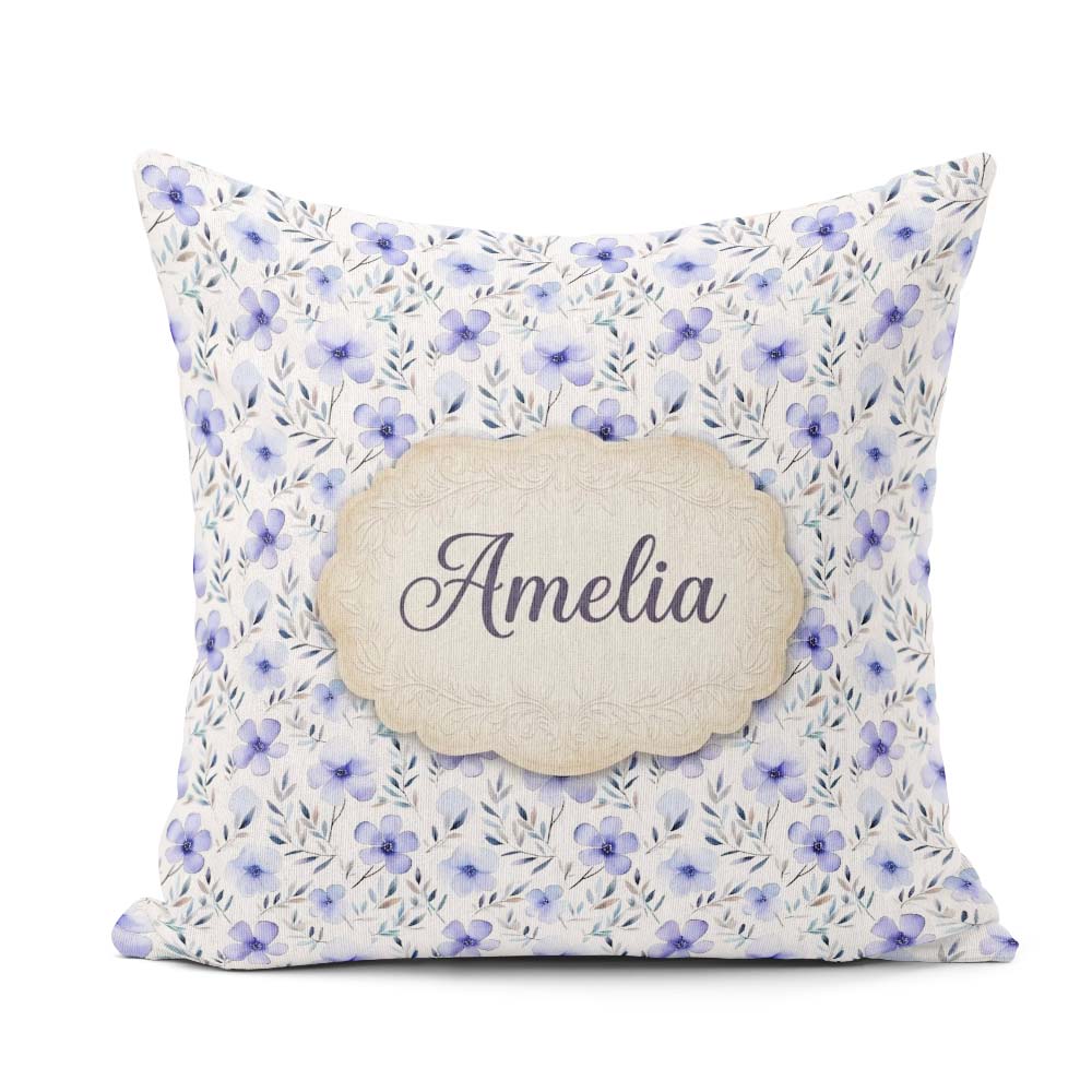 Custom Name Delicate Blue Watercolor Flowers and Leaves Seamless Square Filled Cushion Throw Pillow Sofa Bed Home Decor Zip Washable UK Made