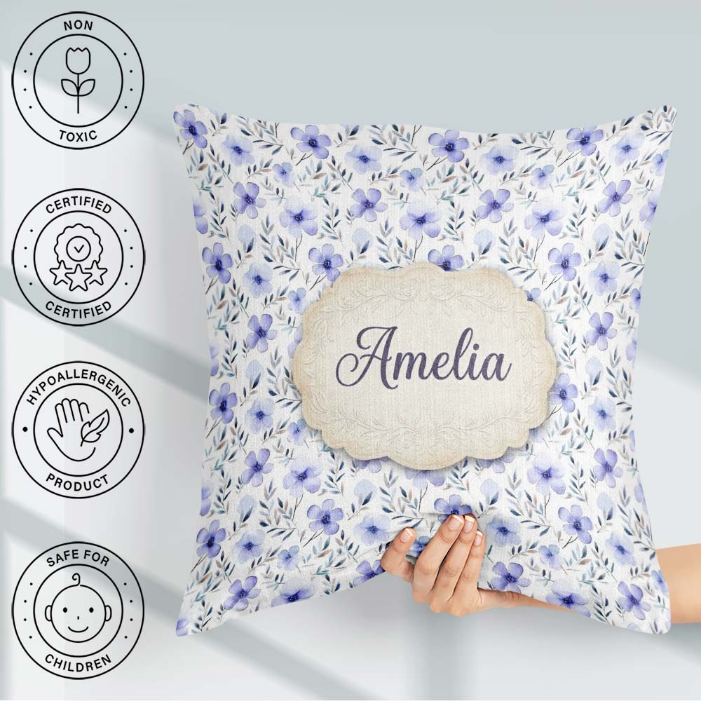 Custom Name Delicate Blue Watercolor Flowers and Leaves Seamless Square Filled Cushion Throw Pillow Sofa Bed Home Decor Zip Washable UK Made