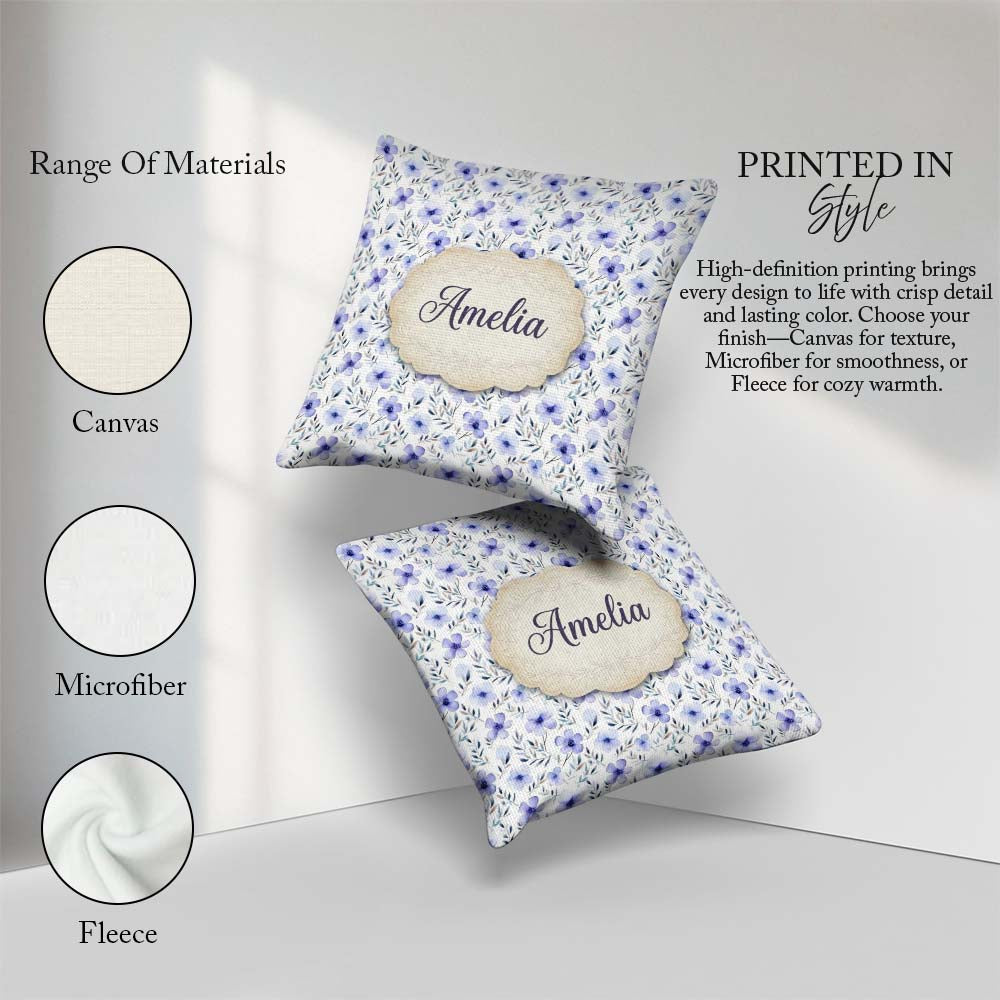 Custom Name Delicate Blue Watercolor Flowers and Leaves Seamless Square Filled Cushion Throw Pillow Sofa Bed Home Decor Zip Washable UK Made