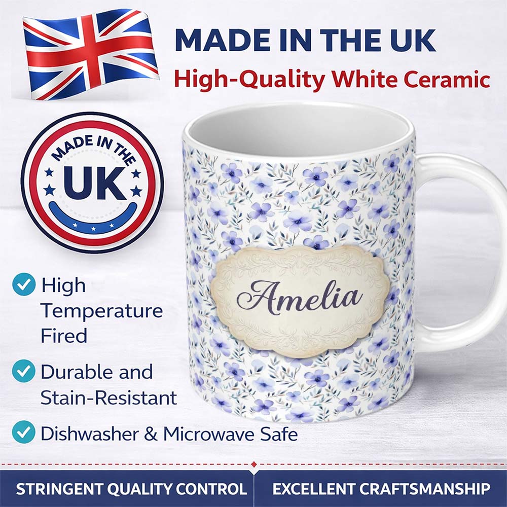 Personalized Custom Name Delicate Blue Watercolor Flowers and Leaves Seamless Pattern 11oz Ceramic Coffee Tea Mug White Large Handle