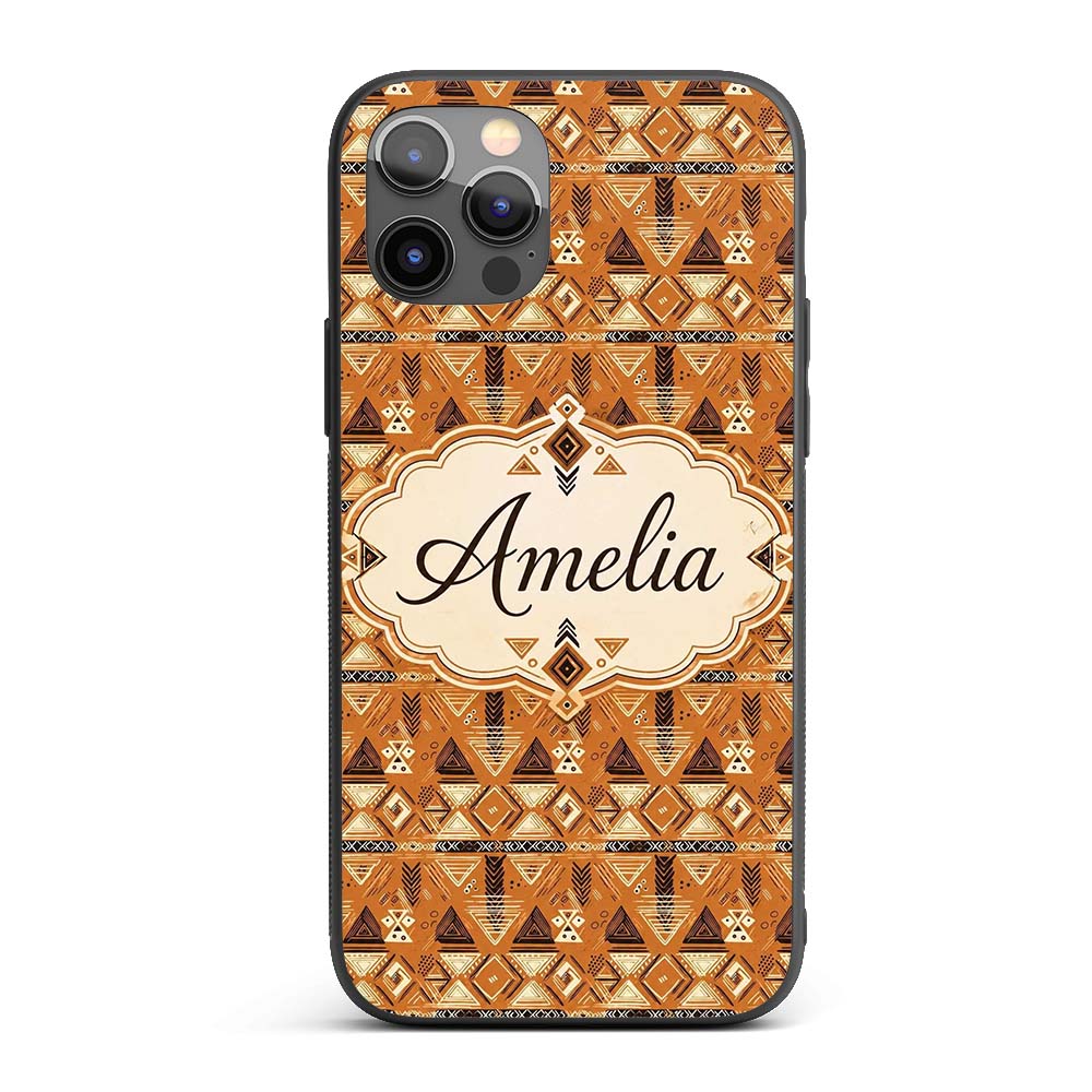 Tribal Geometric Earth Tone Seamless Pattern Custom Name Protective Phone Case Mobile Cover Durable Everyday Smartphone Shock Resistant