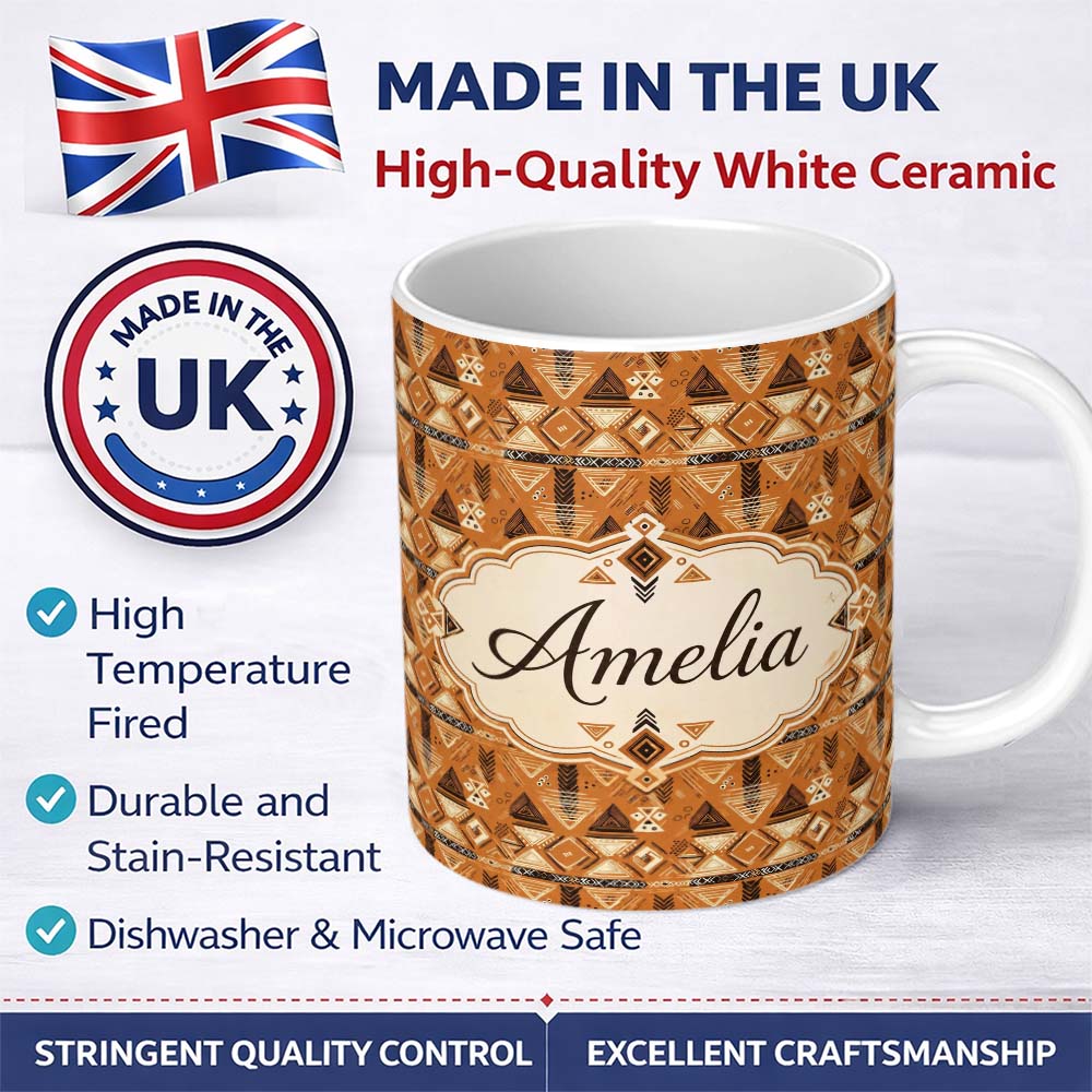 Personalized Custom Name Tribal Geometric Earth Tone Seamless Pattern Abstract Ethnic Design 11oz Ceramic Coffee Tea Mug White Large Handle
