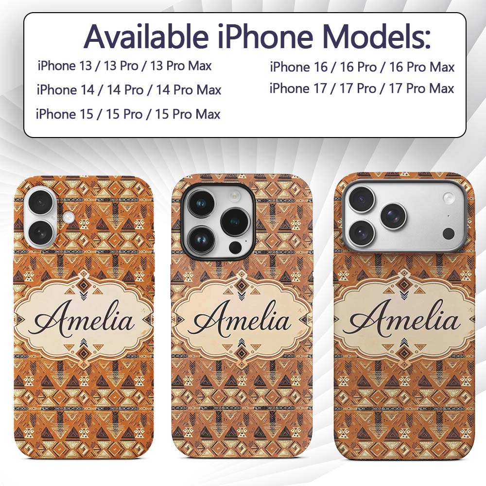 Tribal Geometric Earth Tone Seamless Pattern Custom Name Protective Phone Case Mobile Cover Durable Everyday Smartphone Shock Resistant