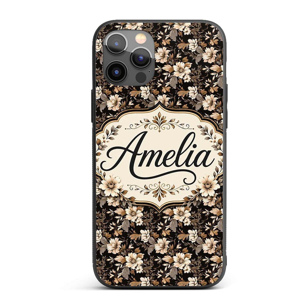 Vintage Beige Floral on Black Seamless Pattern Custom Name Protective Phone Case Mobile Cover Durable Everyday Smartphone Shock Resistant