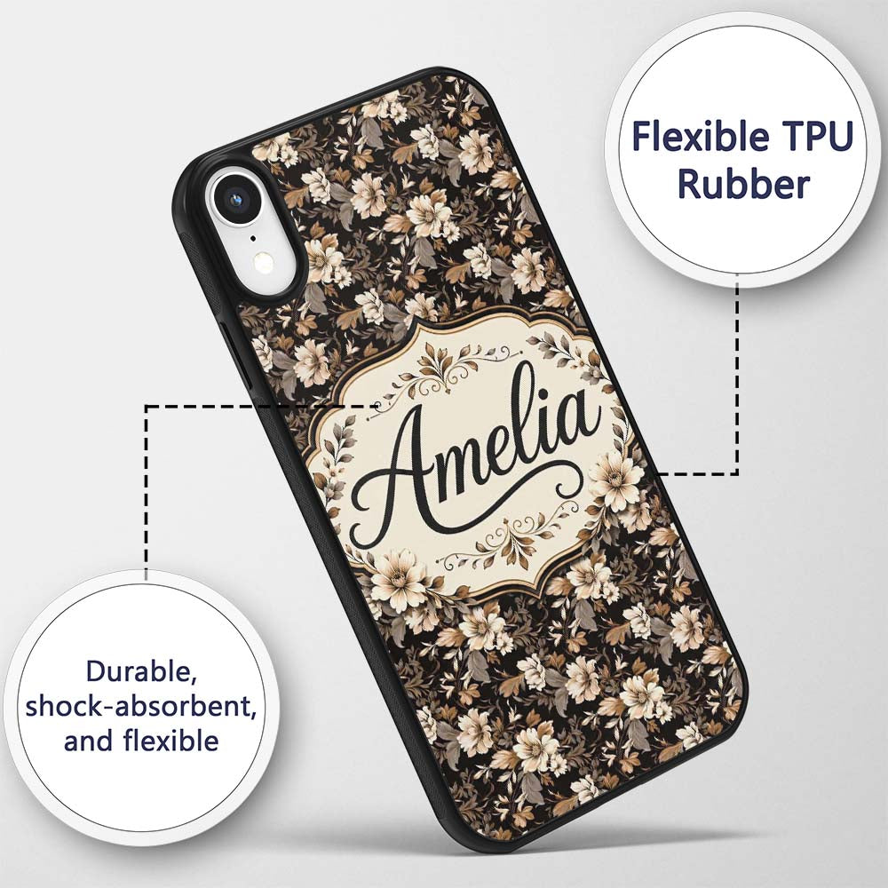 Vintage Beige Floral on Black Seamless Pattern Custom Name Protective Phone Case Mobile Cover Durable Everyday Smartphone Shock Resistant