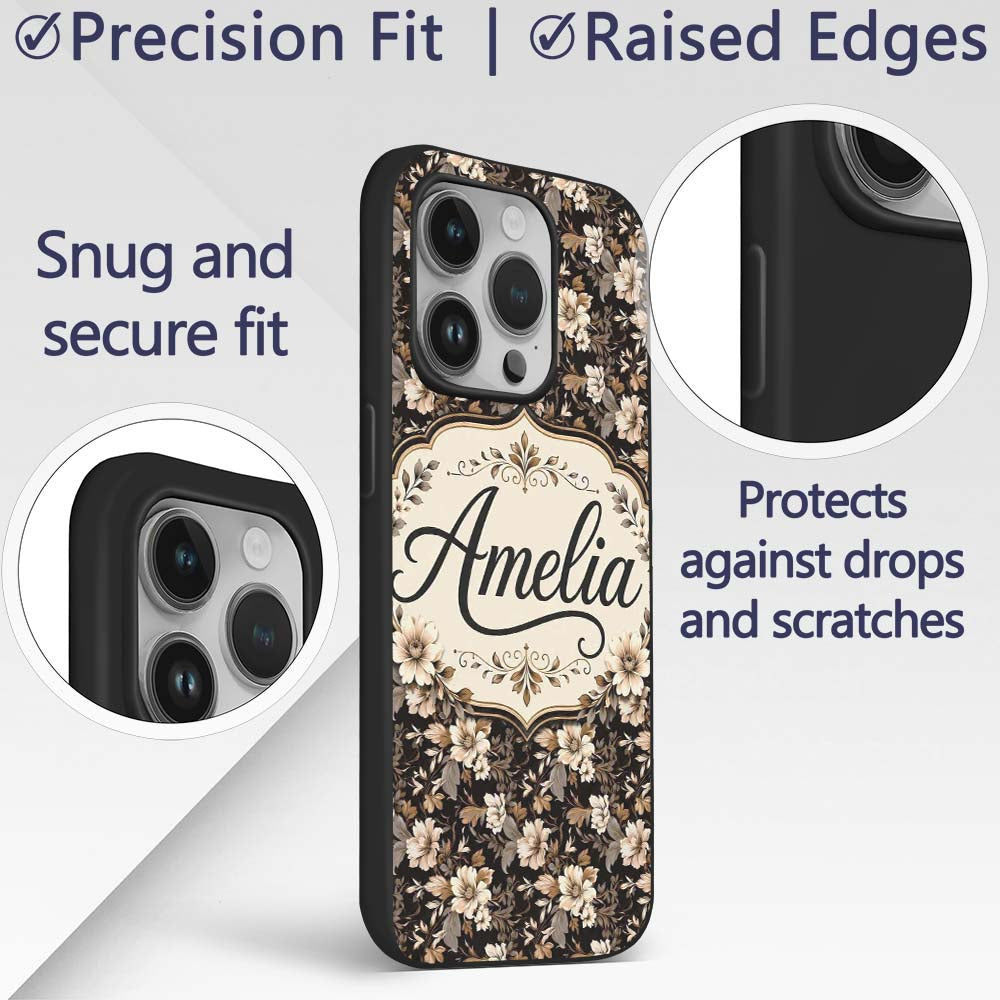 Vintage Beige Floral on Black Seamless Pattern Custom Name Protective Phone Case Mobile Cover Durable Everyday Smartphone Shock Resistant