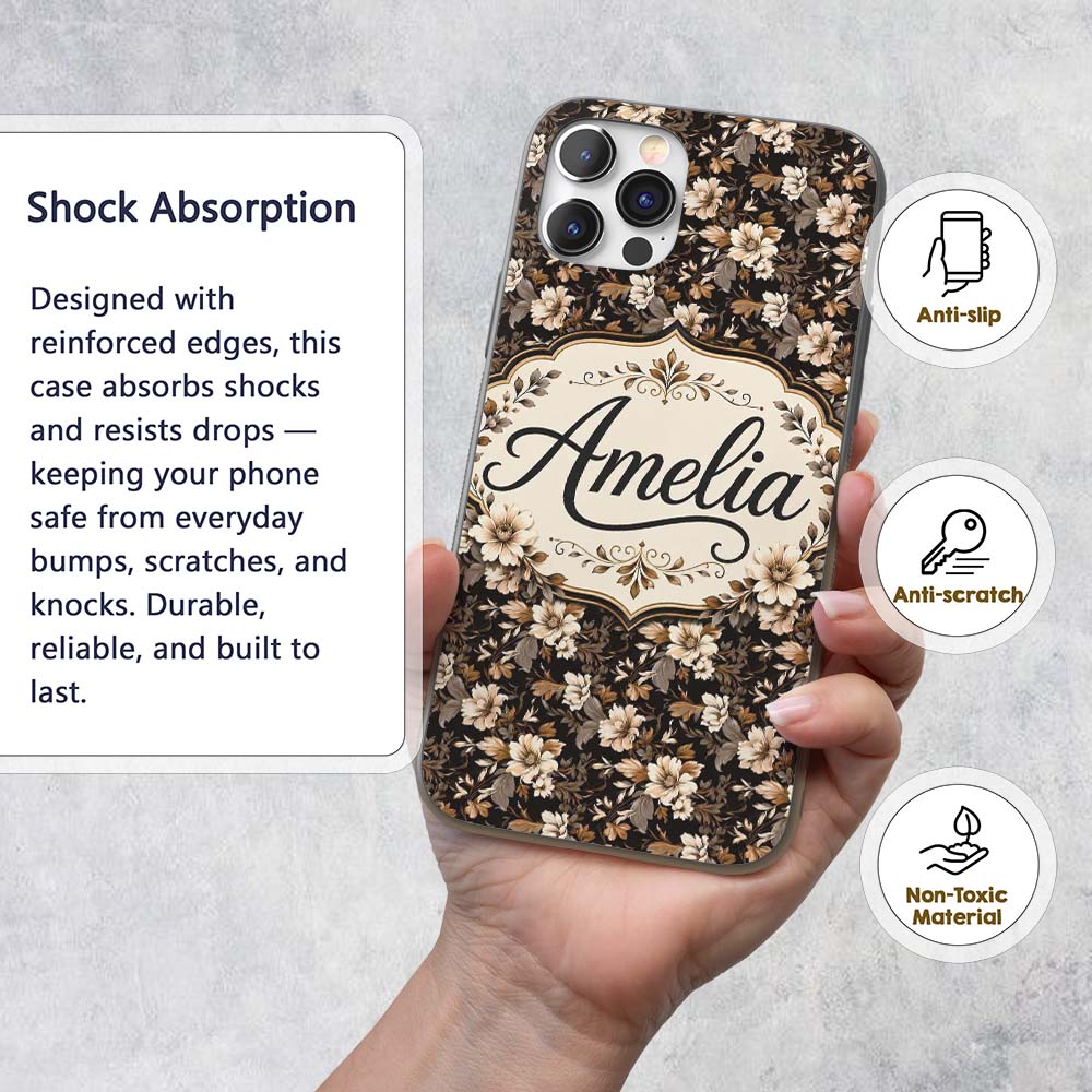 Vintage Beige Floral on Black Seamless Pattern Custom Name Protective Phone Case Mobile Cover Durable Everyday Smartphone Shock Resistant