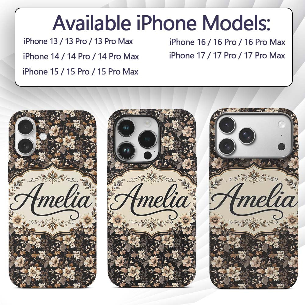 Vintage Beige Floral on Black Seamless Pattern Custom Name Protective Phone Case Mobile Cover Durable Everyday Smartphone Shock Resistant