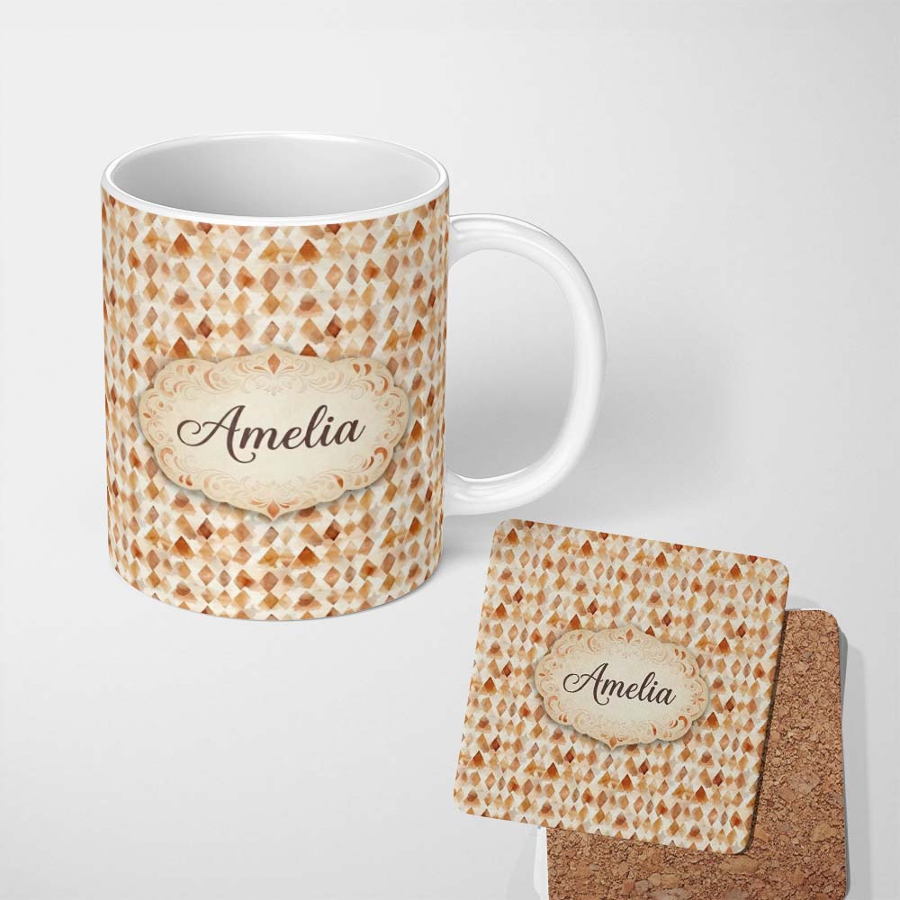 Personalized Custom Name Warm Terracotta Watercolor Diamond Seamless Pattern Modern Abstract 11oz Ceramic Coffee Tea Mug White Large Handle