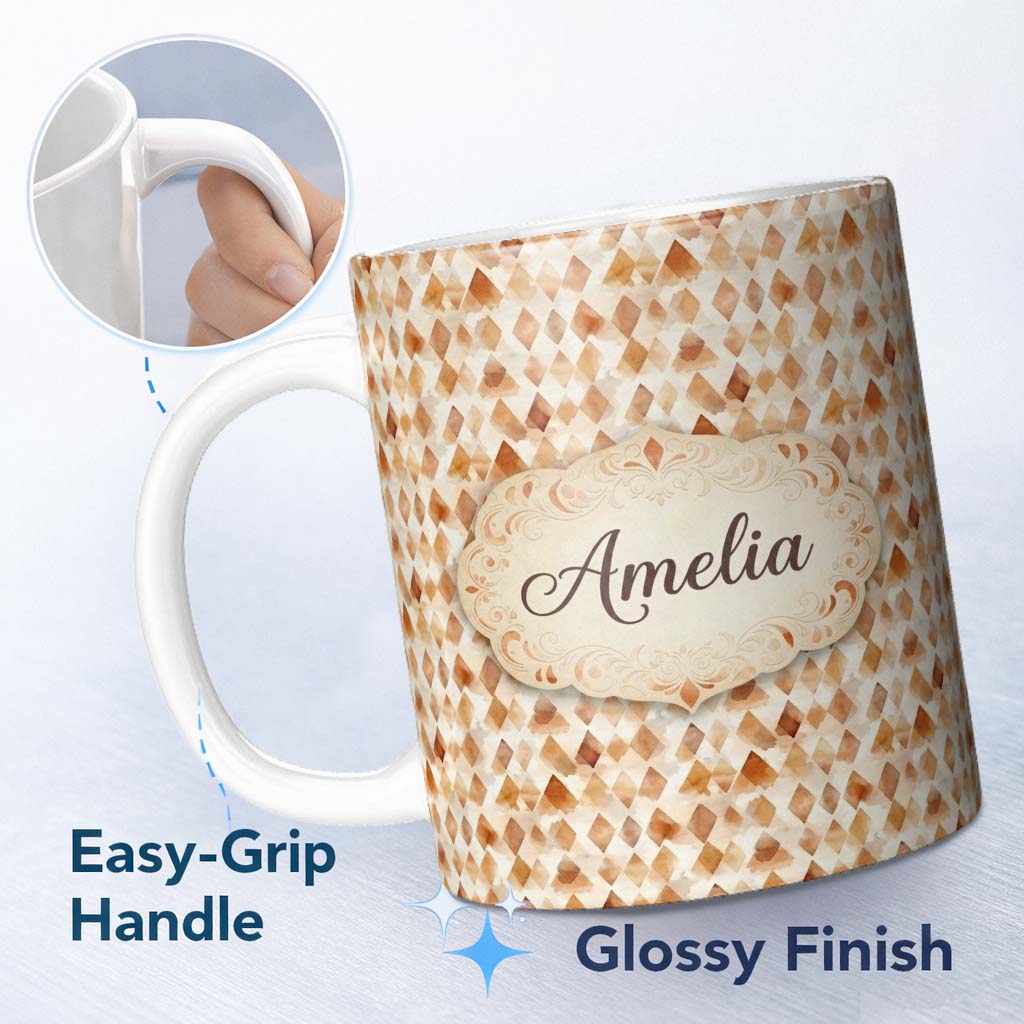 Personalized Custom Name Warm Terracotta Watercolor Diamond Seamless Pattern Modern Abstract 11oz Ceramic Coffee Tea Mug White Large Handle