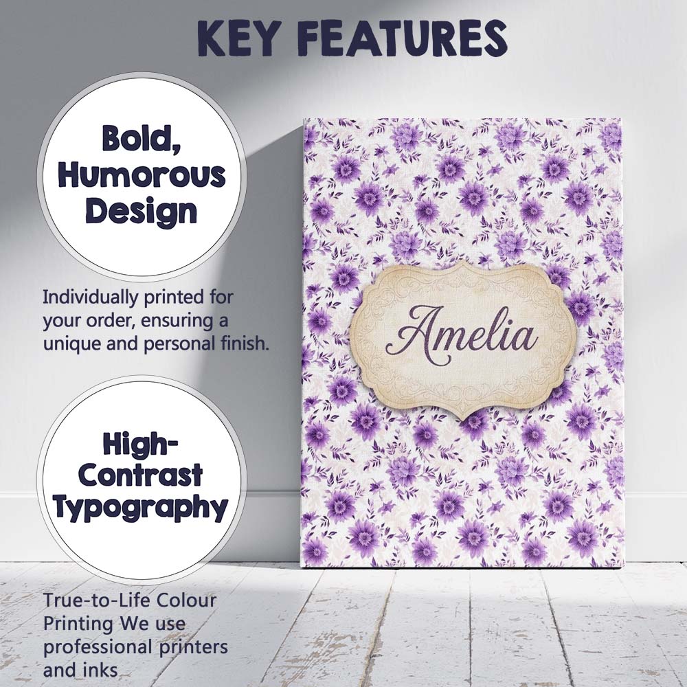 Personalised Name Purple Floral Garden Custom Modern Room Accent Elegant Feature Canvas Wall Art Print Decor Picture Ready to Hang
