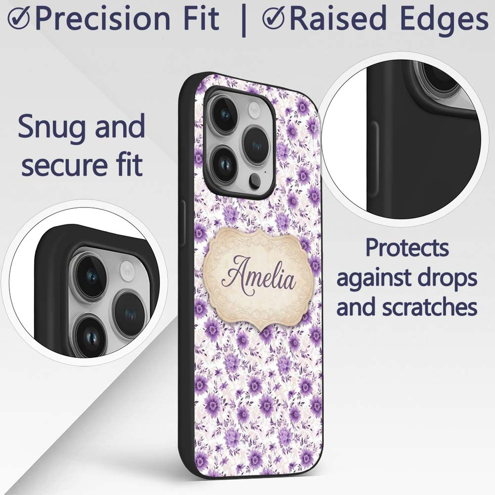 Purple Floral Garden Seamless Printed Design Custom Name Protective Phone Case Mobile Cover Durable Everyday Smartphone Shock Resistant