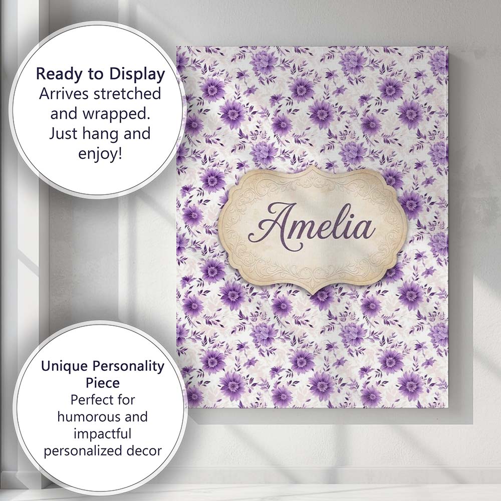 Personalised Name Purple Floral Garden Custom Modern Room Accent Elegant Feature Canvas Wall Art Print Decor Picture Ready to Hang