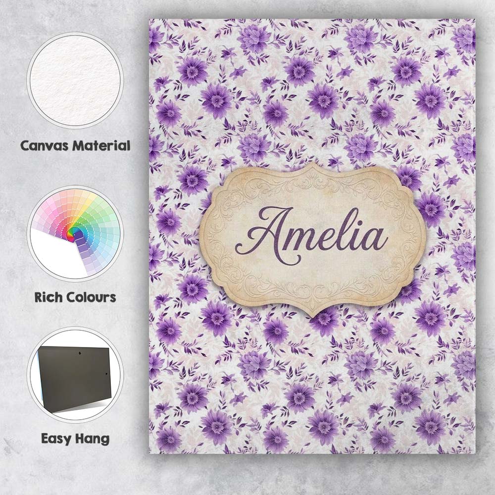 Personalised Name Purple Floral Garden Custom Modern Room Accent Elegant Feature Canvas Wall Art Print Decor Picture Ready to Hang