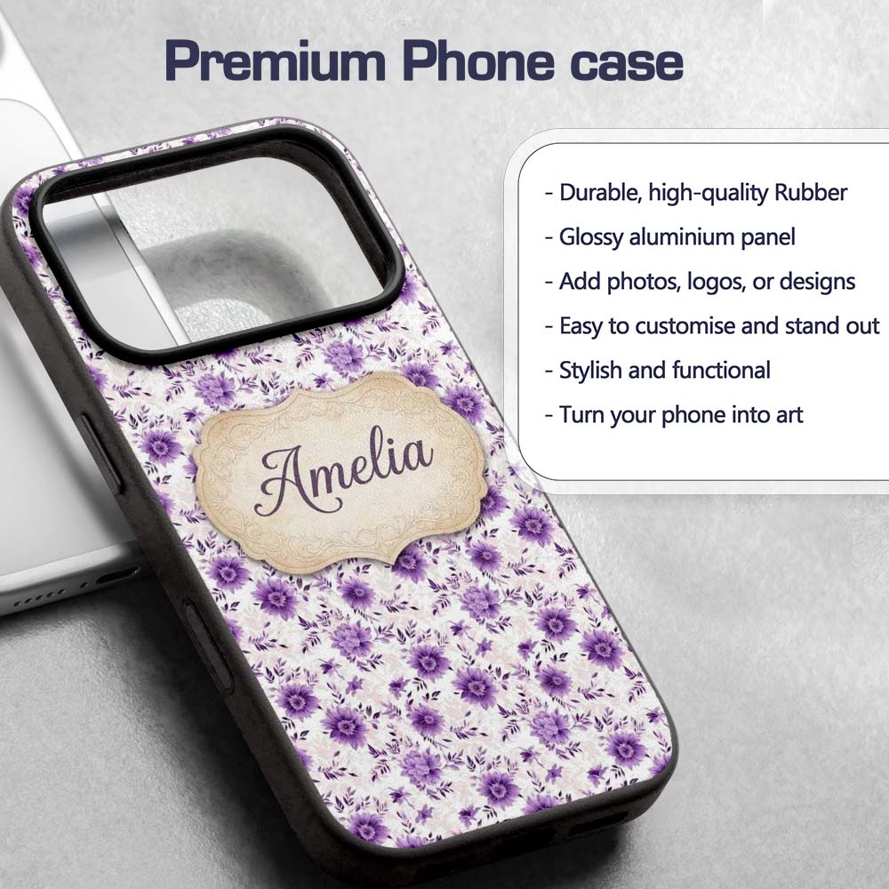 Purple Floral Garden Seamless Printed Design Custom Name Protective Phone Case Mobile Cover Durable Everyday Smartphone Shock Resistant
