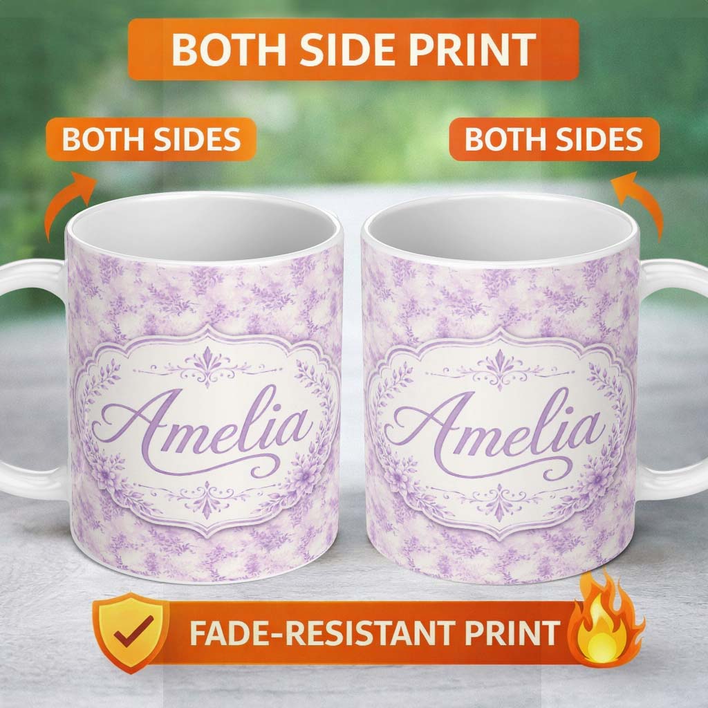 Personalized Custom Name Lavender Vintage Botanical Texture Seamless Pattern Soft Floral 11oz Ceramic Coffee Tea Mug White Large Handle