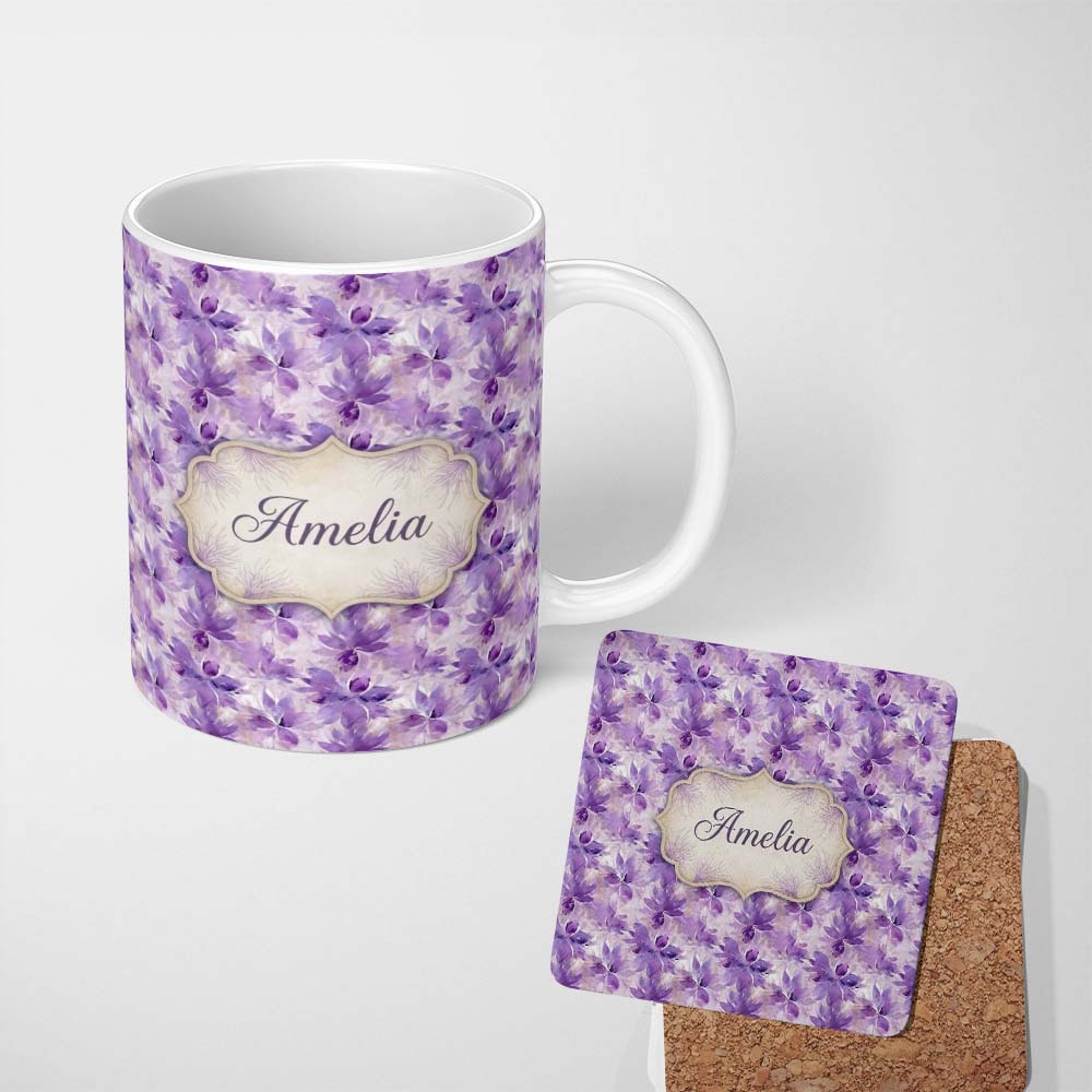 Personalized Custom Name Purple Watercolor Floral Abstract Seamless Pattern Soft Artistic 11oz Ceramic Coffee Tea Mug White Large Handle