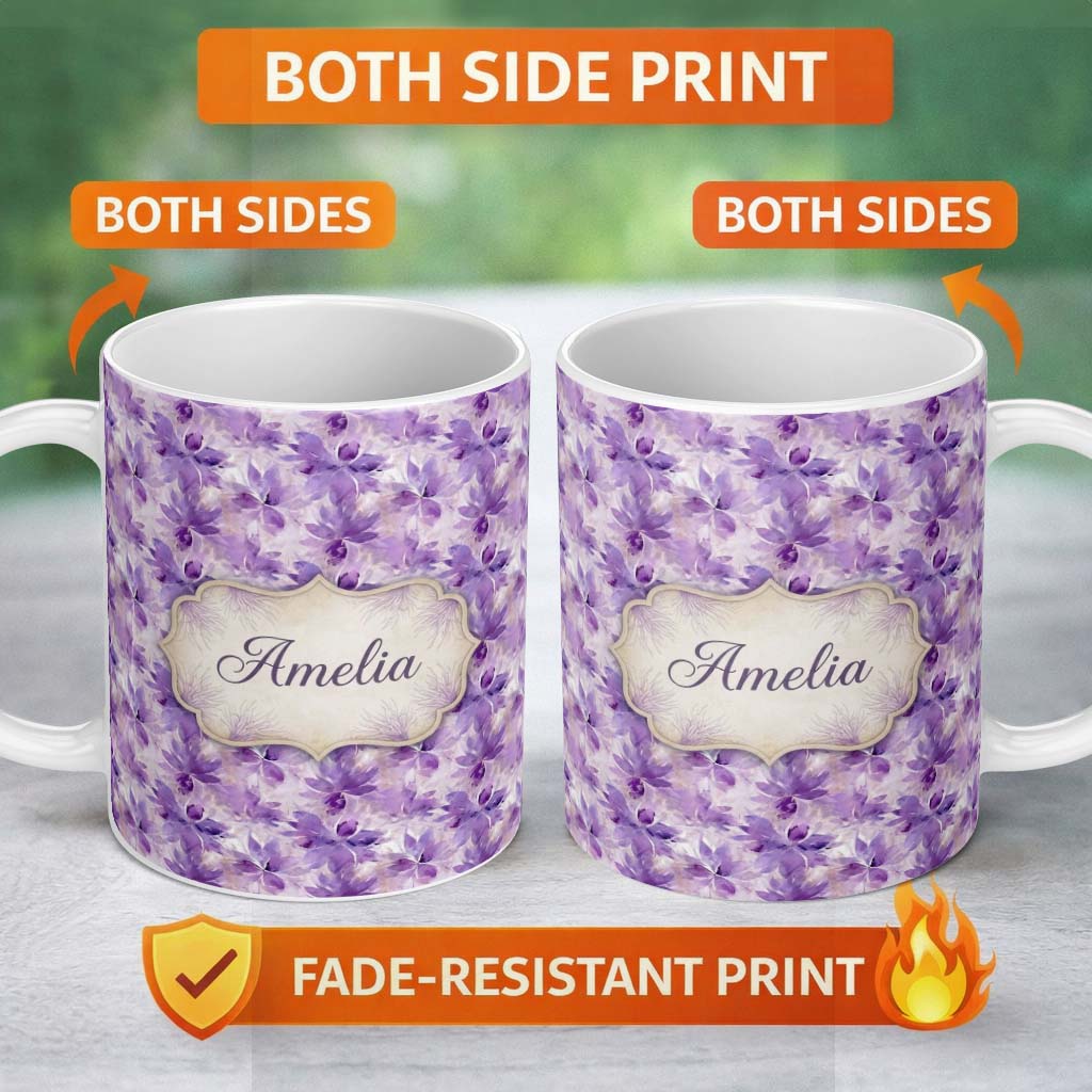 Personalized Custom Name Purple Watercolor Floral Abstract Seamless Pattern Soft Artistic 11oz Ceramic Coffee Tea Mug White Large Handle