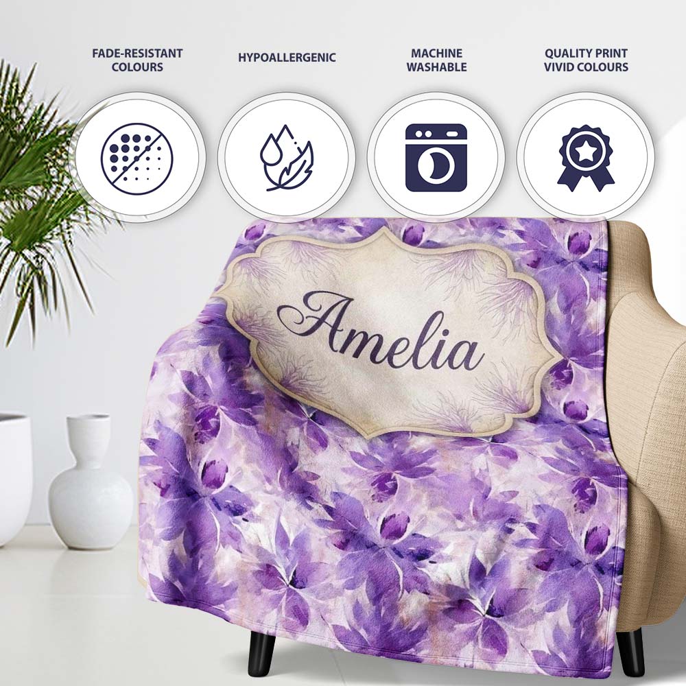 Purple Watercolor Floral Abstract Seamless Pattern Soft Artistic Personalised Custom Name Super Soft Fleece Blanket Bed Sofa Throw
