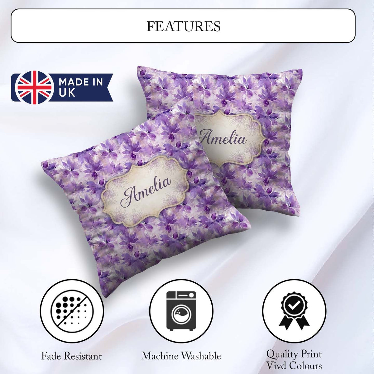 Custom Name Purple Watercolor Abstract Seamless Pattern Artistic Square Filled Cushion Throw Pillow Sofa Bed Home Decor Zip Washable UK Made