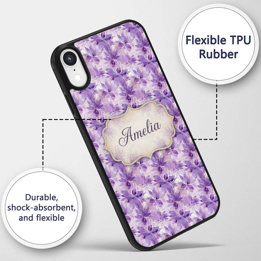 Purple Watercolor Floral Abstract Printed Design Custom Name Protective Phone Case Mobile Cover Durable Everyday Smartphone Shock Resistant