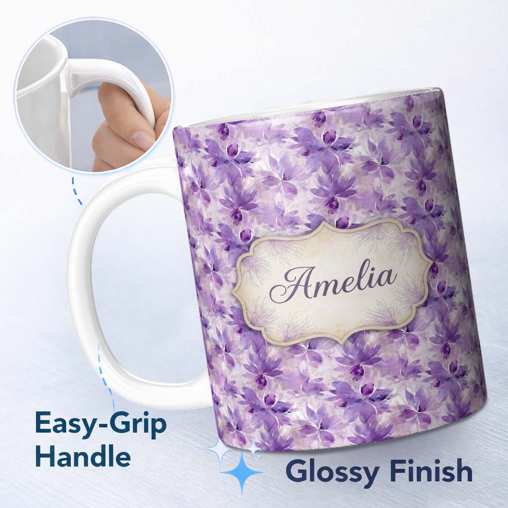 Personalized Custom Name Purple Watercolor Floral Abstract Seamless Pattern Soft Artistic 11oz Ceramic Coffee Tea Mug White Large Handle